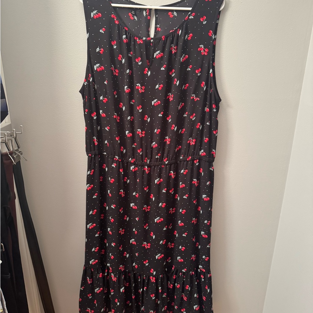 Talbots Black Midi Dress with Red Cherry Print